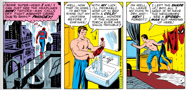 Panel from the first Electro issue, Peter is forced to turn back and go home when it starts to rain, then dry his soaking wet costume. Halfway through hanging it up he realises he needs to pull his shades closed to preserve his secret.