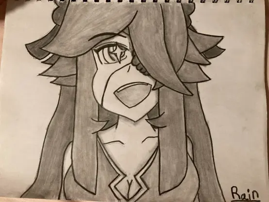 A drawing of my character smiling and looking up with a sparkle in her eye. Its a graphite drawing.