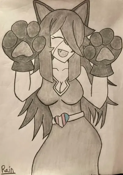 A graphite drawing of my character dressed up as a catgirl, wearing overside cat paw gloves and cat ears. She is smiling and winking happily at the observer.