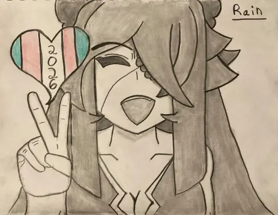 My character holding on the peace sign and smiling brightly. The heart says 2026 on it. This drawing is done in graphite and color pencil.