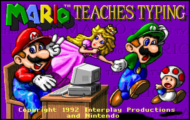 Title screen that says "Mario teaches typing" sitting Mario giving the peace sign at a computer with Luigi running away holding Princess Peach's hand