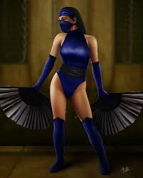 screenshot of Mortal Kombat 2 showing Kitana (Asian woman with black hair in a blue mask and blue swimsuit style bodysuit and blue leggings holding 2 fans)