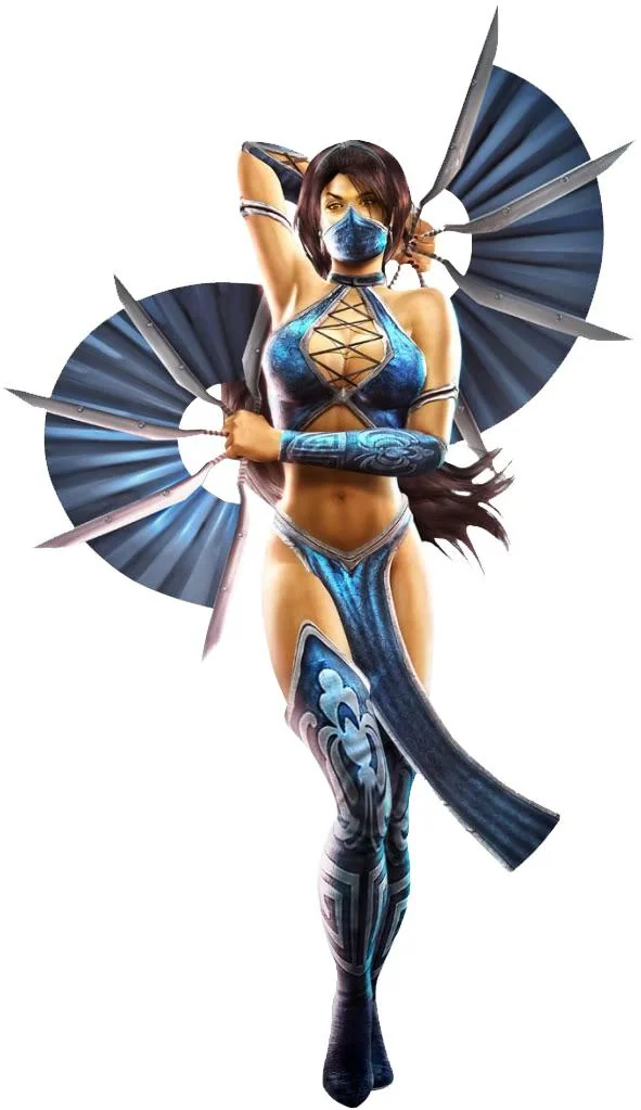 Kitana from Mortal Kombat 9 (Asian woman with black hair in a blue mask and blue bikini top with strings across her boobs and a blue sash and thigh high boots carrying 2 battle fans)