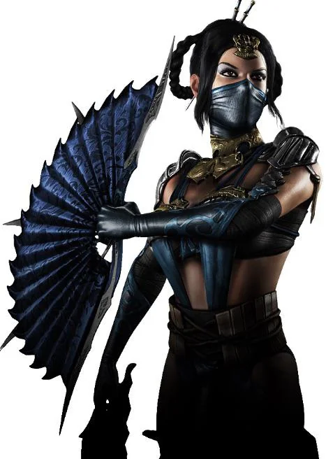 Kitana from Mortal Kombat 10 (Asian woman with black hair in a blue mask and and blue strappy armor with blue pants, arm guards and wearing shoulder pads, her hair is in 2 braided loops and she's carrying 2 blue battle fans)