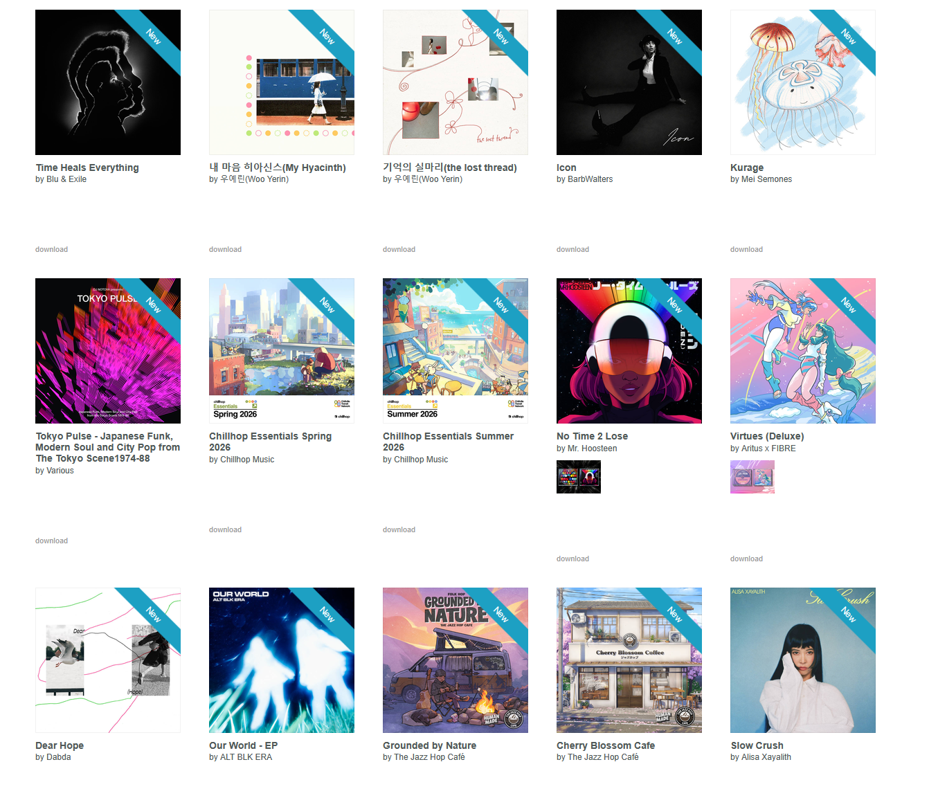 Screenshot of 15 music releases on Bandcamp including music from artists like Blu & Exile, Alisa Xayalith, ALT BLK ERA, and more!